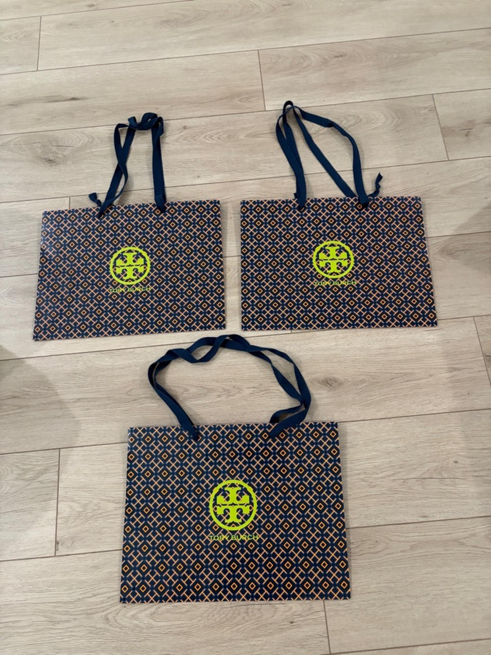 NEW Tory Burch Navy & Orange Medium Shopper Tote Set of 3 with Lime Logo